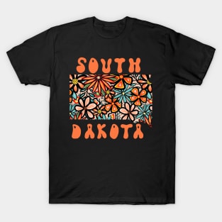 South Dakota State Design | Artist Designed Illustration Featuring South Dakota State Filled With Retro Flowers with Retro Hand-Lettering T-Shirt